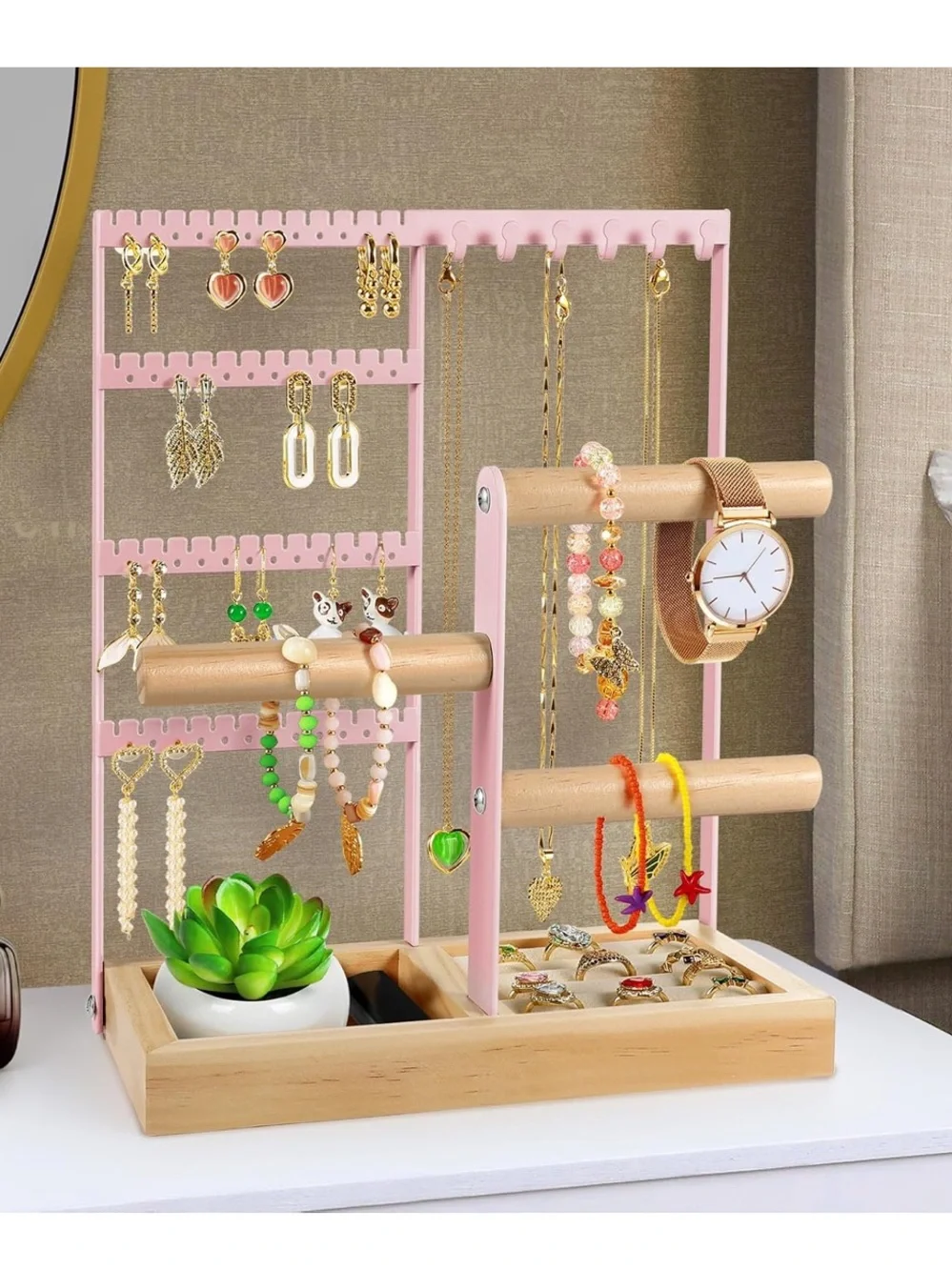 Pink Jewelry Organizer Stand with Ring Holder & Earring Display EUC